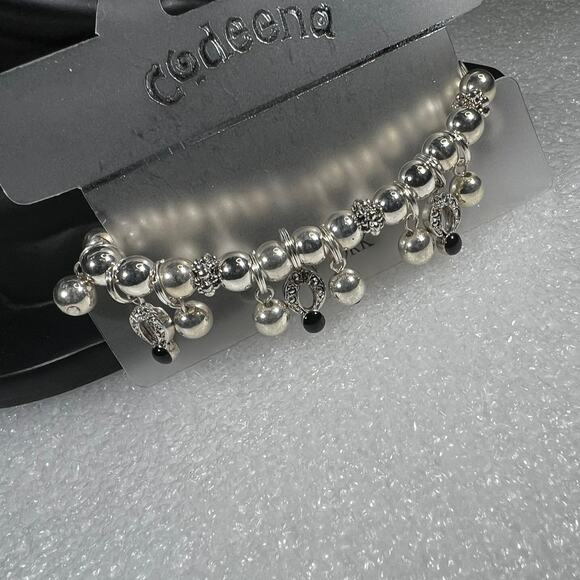 Silver Tone Black Sparkly Beaded Stretch Bracelet Deadstock New on Card Retro - Picture 13 of 13